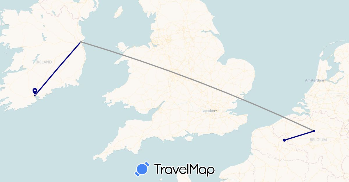TravelMap itinerary: driving, plane in Belgium, France, Ireland (Europe)